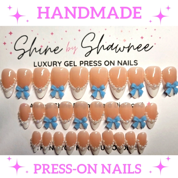 Handmade Luxury Press-On Nails | Sturdy & Reusable | BOWS & PEARLS (BLUE) - Picture 1 of 8